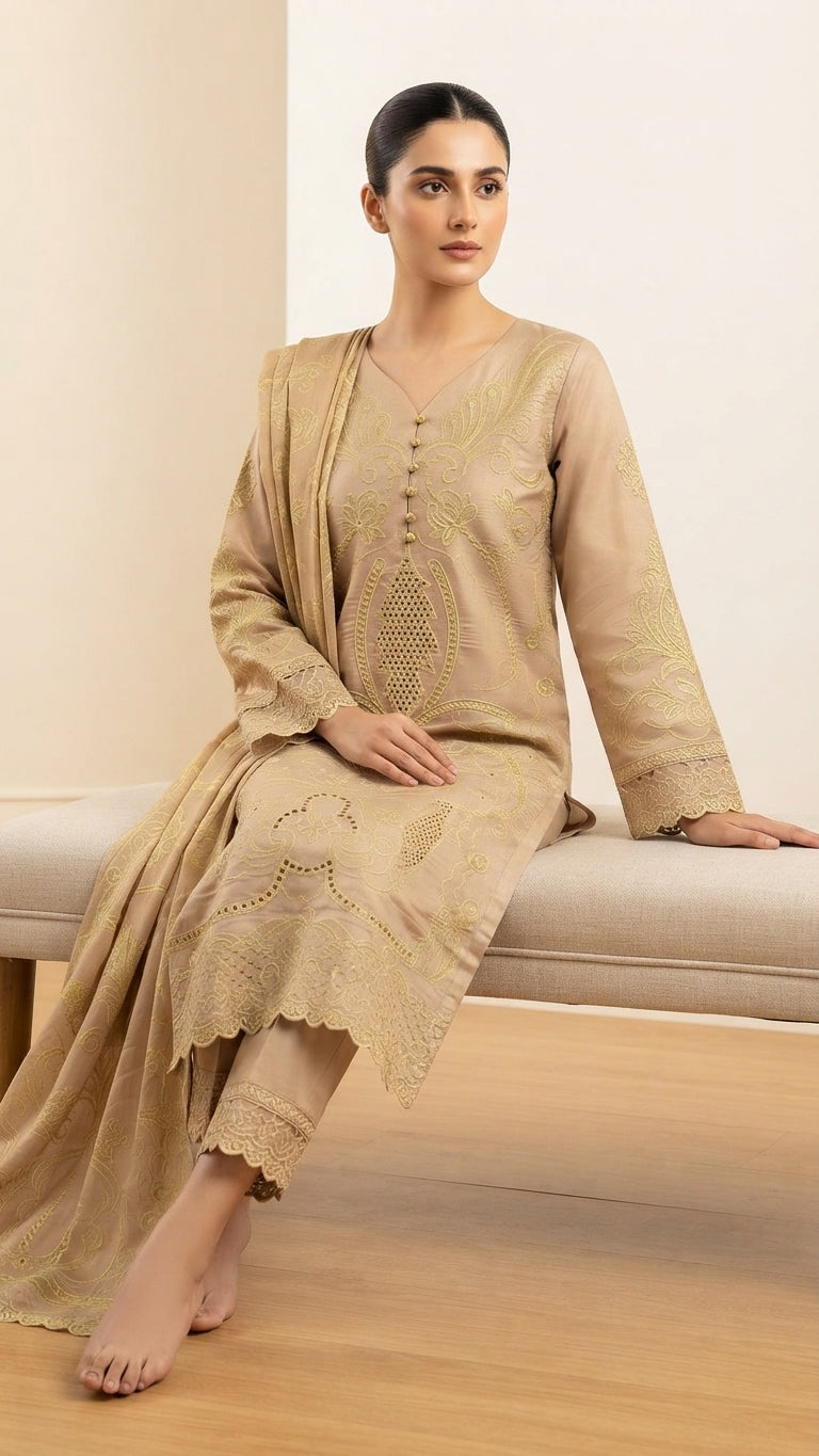 Elegant Beige Embroidered 3-Piece Suit with Printed Dupatta & Trouser