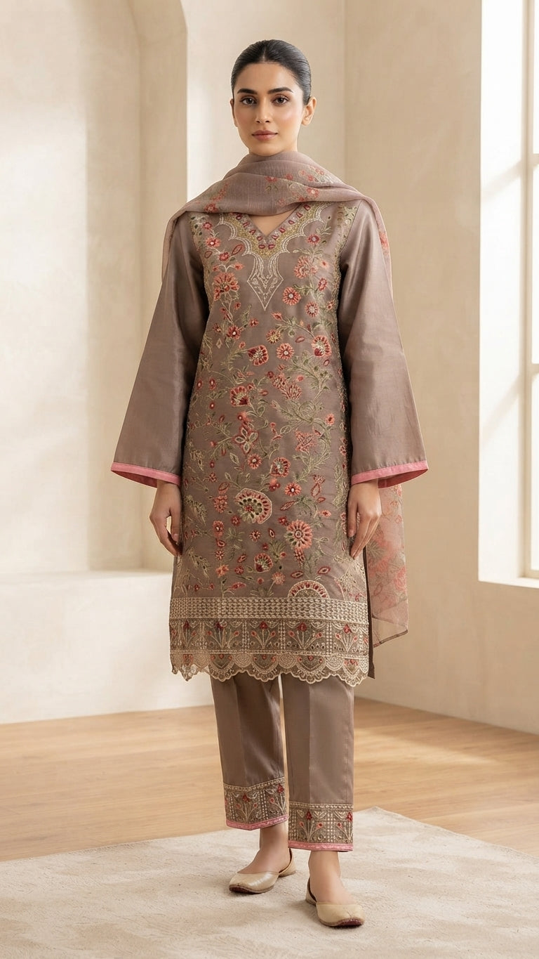 Elegant Taupe Embroidered 3-Piece Suit with Printed Dupatta &Trouser