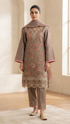 Elegant Taupe Embroidered 3-Piece Suit with Printed Dupatta &Trouser