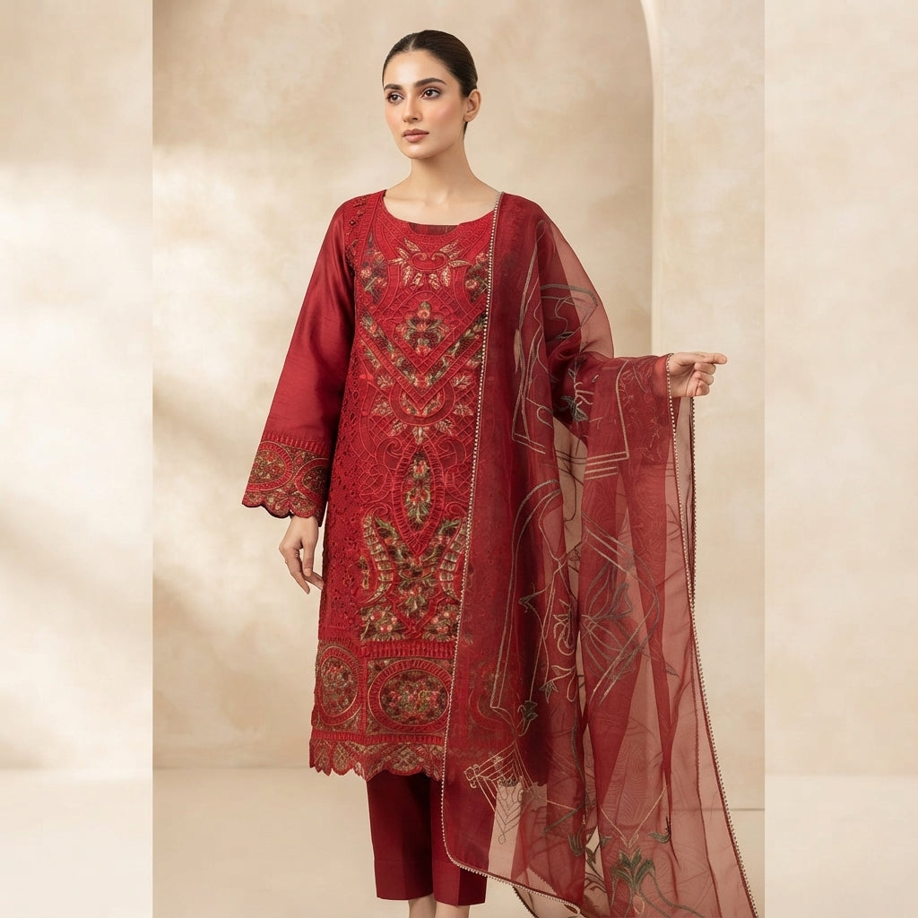Elegant Red Embroidered 3-Piece Suit – Khadi Net | Wardrobe by Zaib