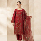Elegant Red Embroidered 3-Piece Suit – Khadi Net | Wardrobe by Zaib