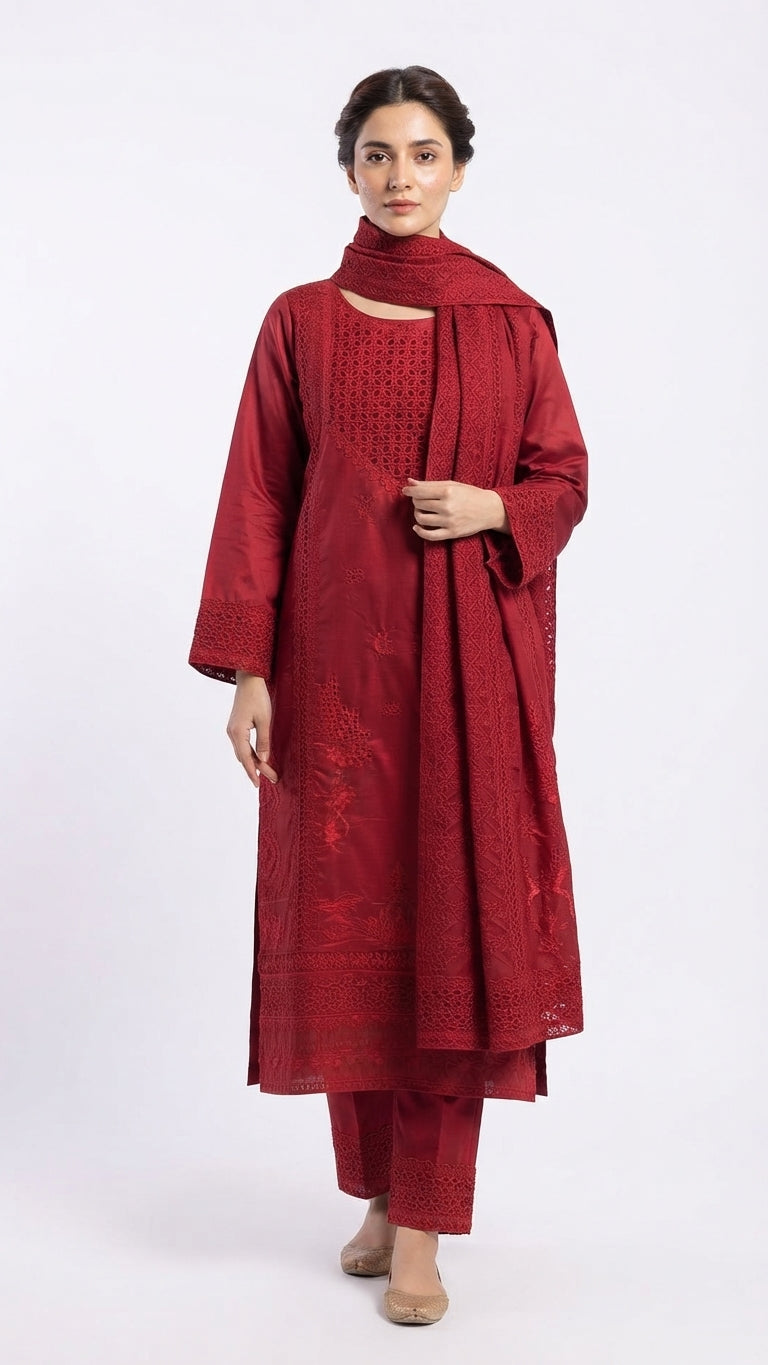 Elegant Maroon Embroidered 2-Piece Suit with Matching Trouser
