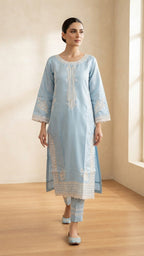 Ice Blue Embroidered 3-Piece Suit with Printed Dupatta | Wardrobe by Zaib