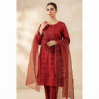 Elegant Maroon Embroidered 3-Piece Suit – Khadi Net | Wardrobe by Zaib