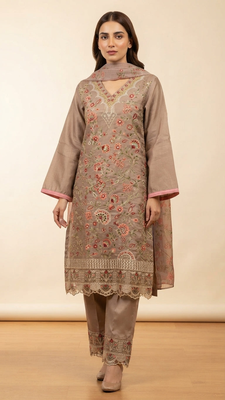 Elegant Taupe Embroidered 3-Piece Suit with Printed Dupatta &Trouser
