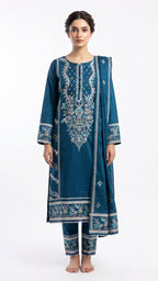 Royal Teal Embroidered 3-Piece Suit with Printed Dupatta