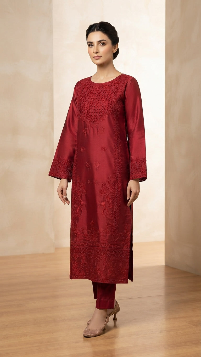 Elegant Maroon Embroidered 2-Piece Suit with Matching Trouser