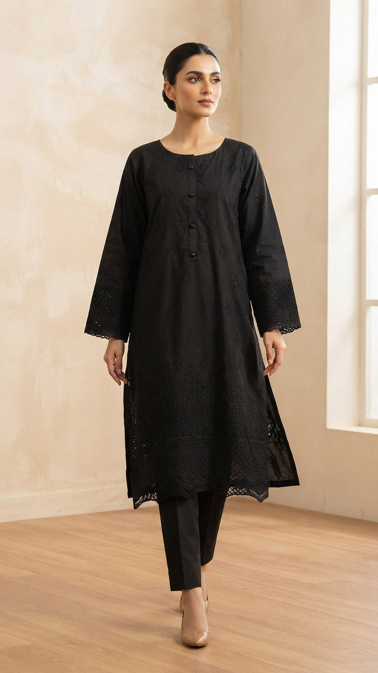 Black Embroidered Khadi Net 3-Piece Suit | Wardrobe by Zaib