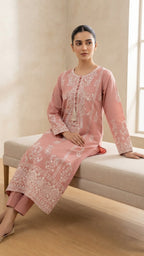 Pink Embroidered Khadi Net 3-Piece Suit | Wardrobe by Zaib