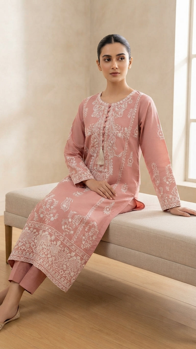Pink Embroidered Khadi Net 3-Piece Suit | Wardrobe by Zaib