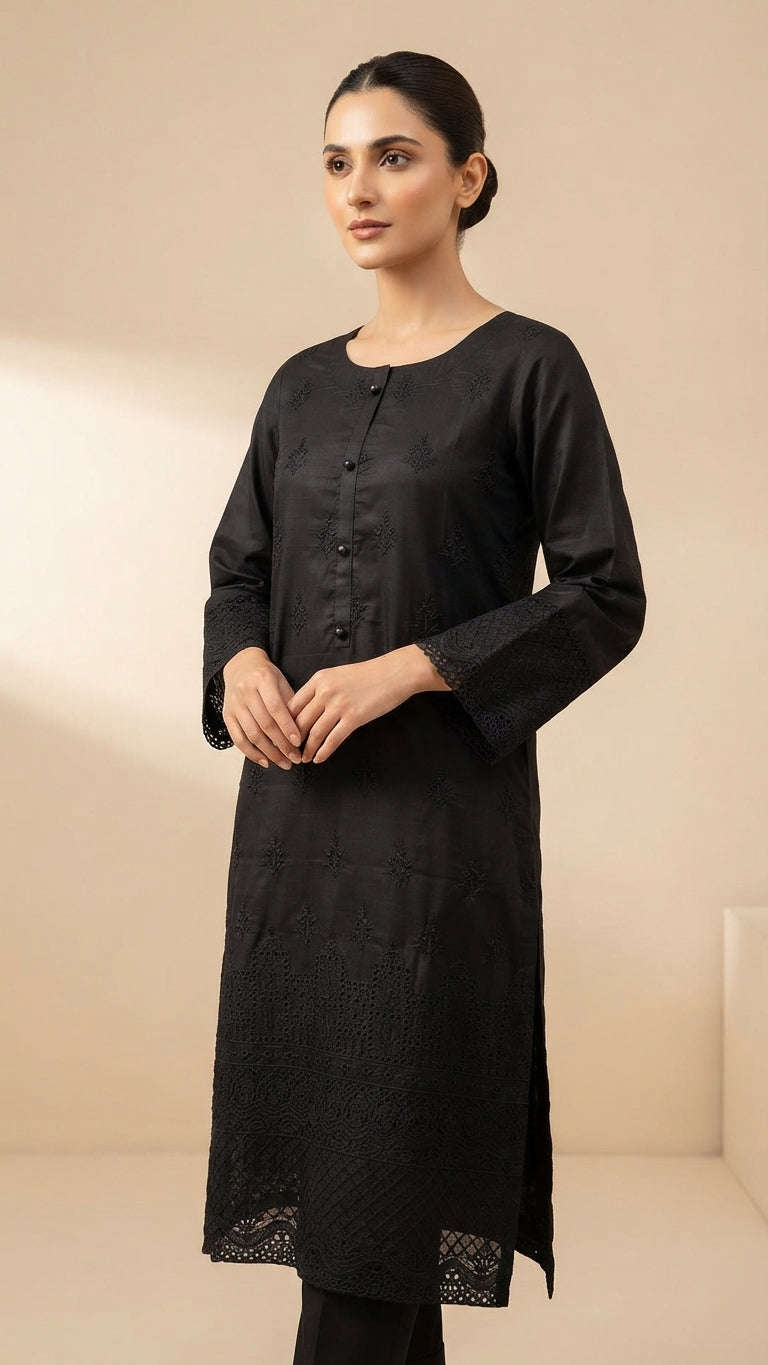 Black Embroidered Khadi Net 3-Piece Suit | Wardrobe by Zaib