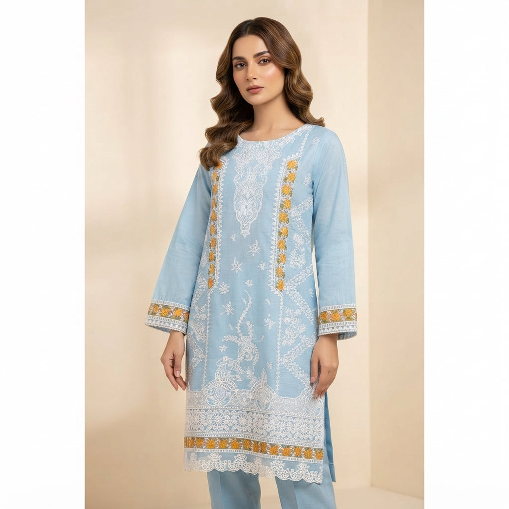 Sky Blue Embroidered Khadi Net 3-Piece Suit with Printed Dupatta | Wardrobe by Zaib
