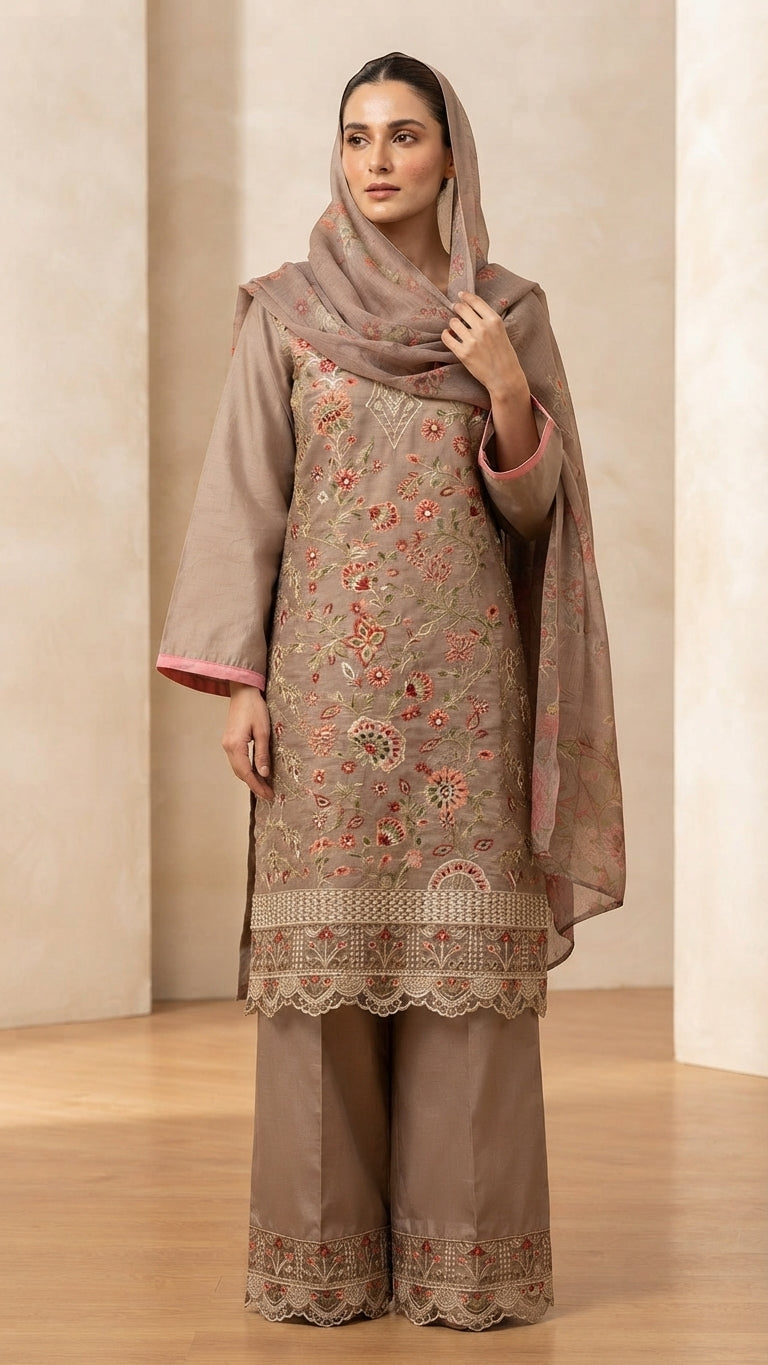 Elegant Taupe Embroidered 3-Piece Suit with Printed Dupatta &Trouser