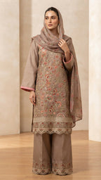 Elegant Taupe Embroidered 3-Piece Suit with Printed Dupatta &Trouser