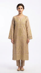 Elegant Beige Embroidered 3-Piece Suit with Printed Dupatta & Trouser