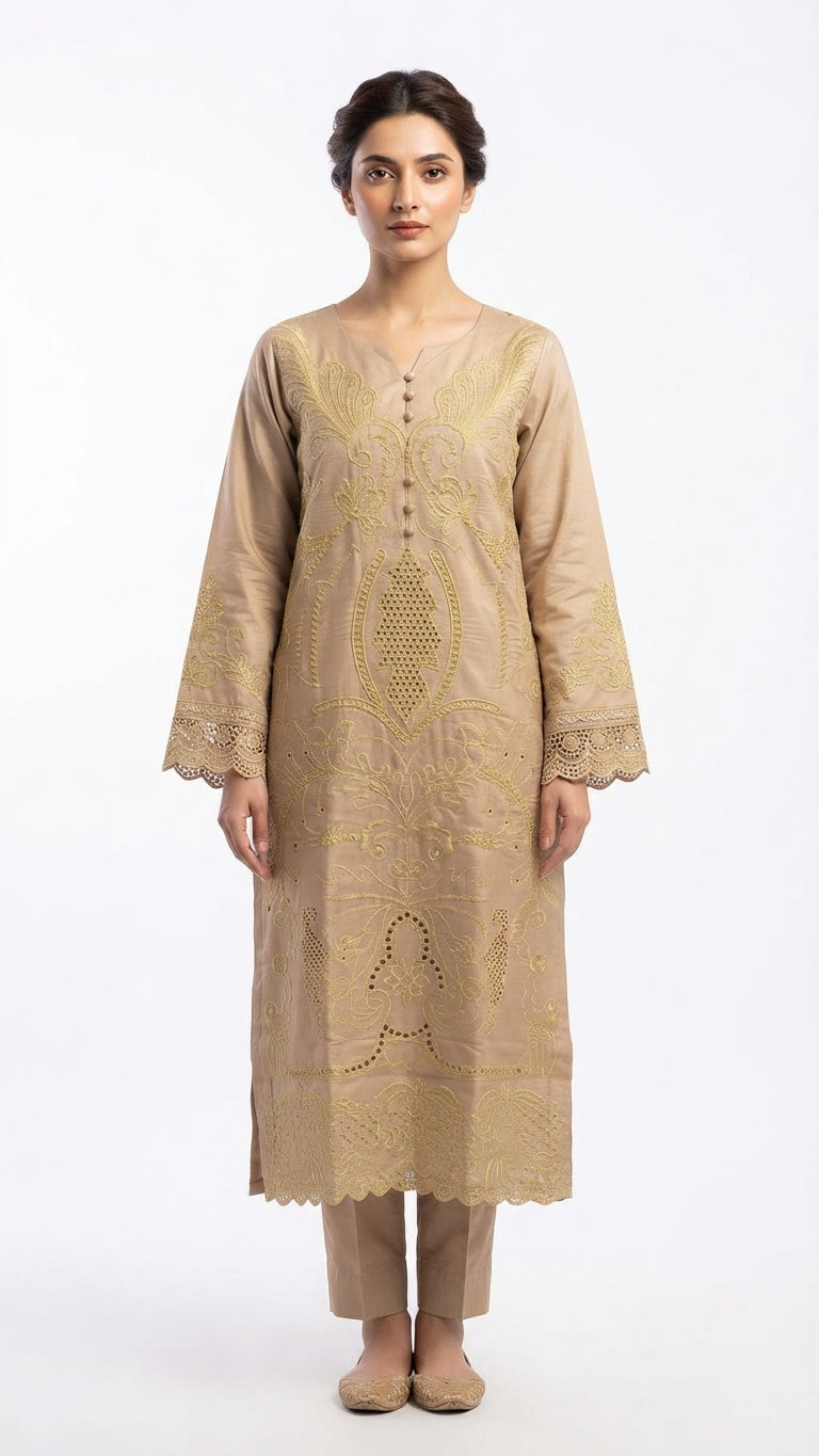 Elegant Beige Embroidered 3-Piece Suit with Printed Dupatta & Trouser