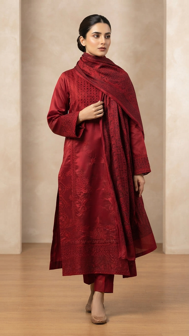 Elegant Maroon Embroidered 2-Piece Suit with Matching Trouser