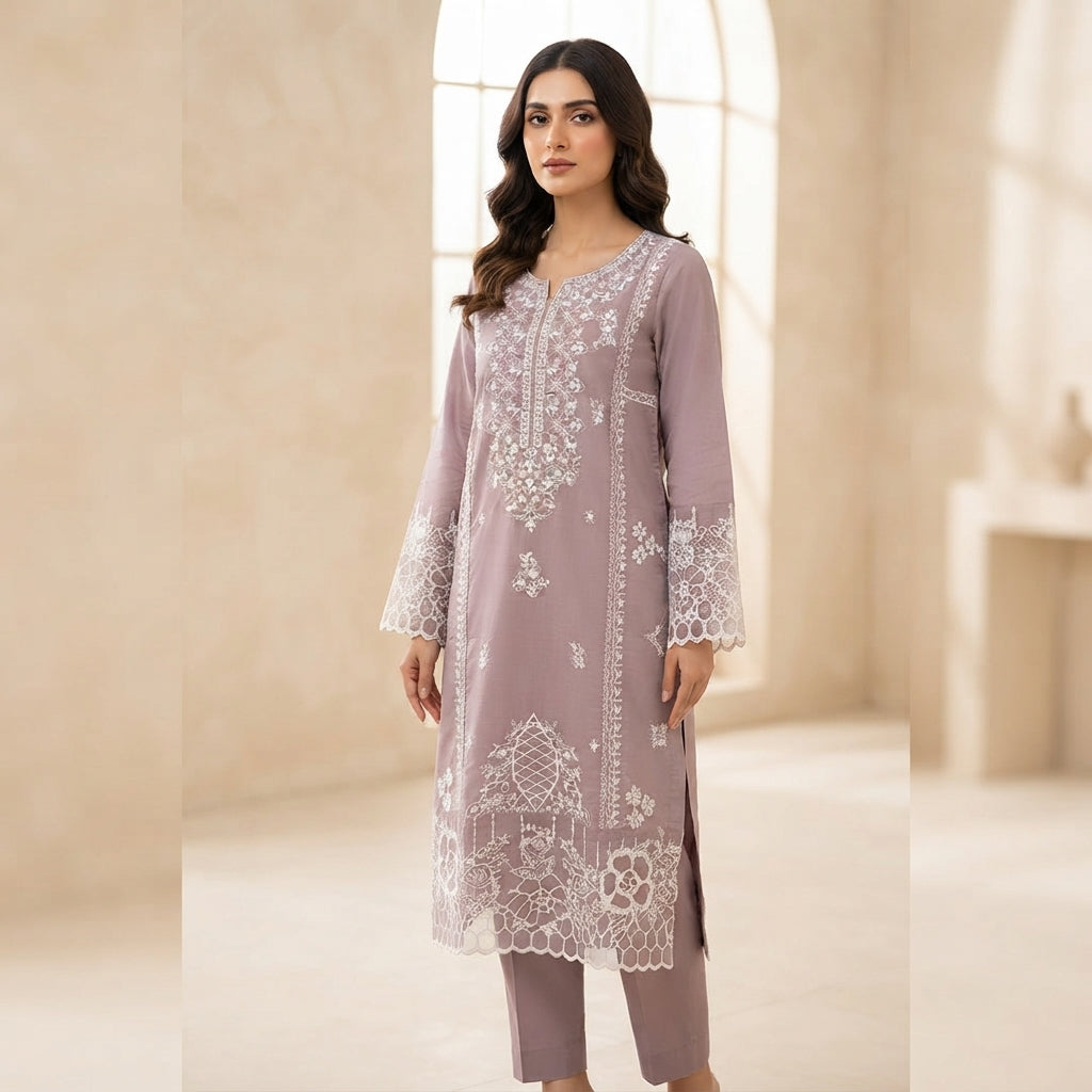 Elegant Mauve Embroidered 3-Piece Suit – Khadi Net | Wardrobe by Zaib