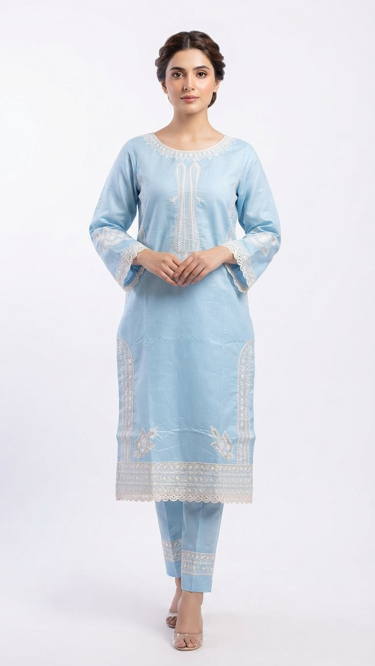 Ice Blue Embroidered 3-Piece Suit with Printed Dupatta | Wardrobe by Zaib
