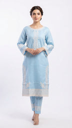 Ice Blue Embroidered 3-Piece Suit with Printed Dupatta | Wardrobe by Zaib