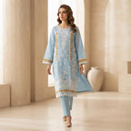 Sky Blue Embroidered Khadi Net 3-Piece Suit with Printed Dupatta | Wardrobe by Zaib