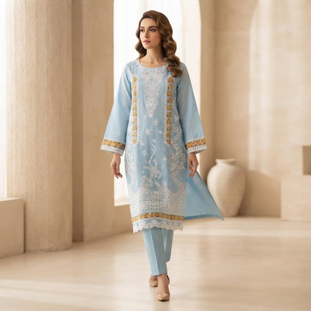 Sky Blue Embroidered Khadi Net 3-Piece Suit with Printed Dupatta | Wardrobe by Zaib