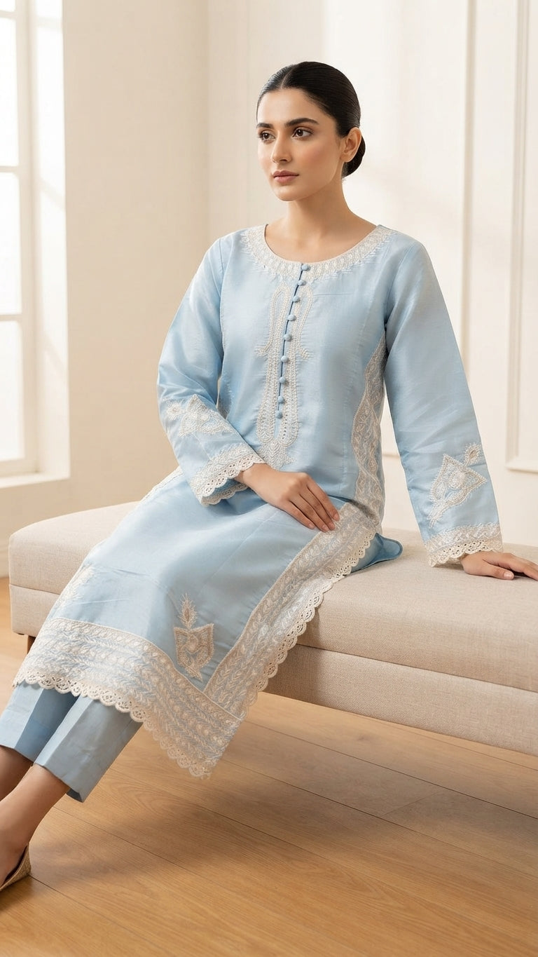 Ice Blue Embroidered 3-Piece Suit with Printed Dupatta | Wardrobe by Zaib