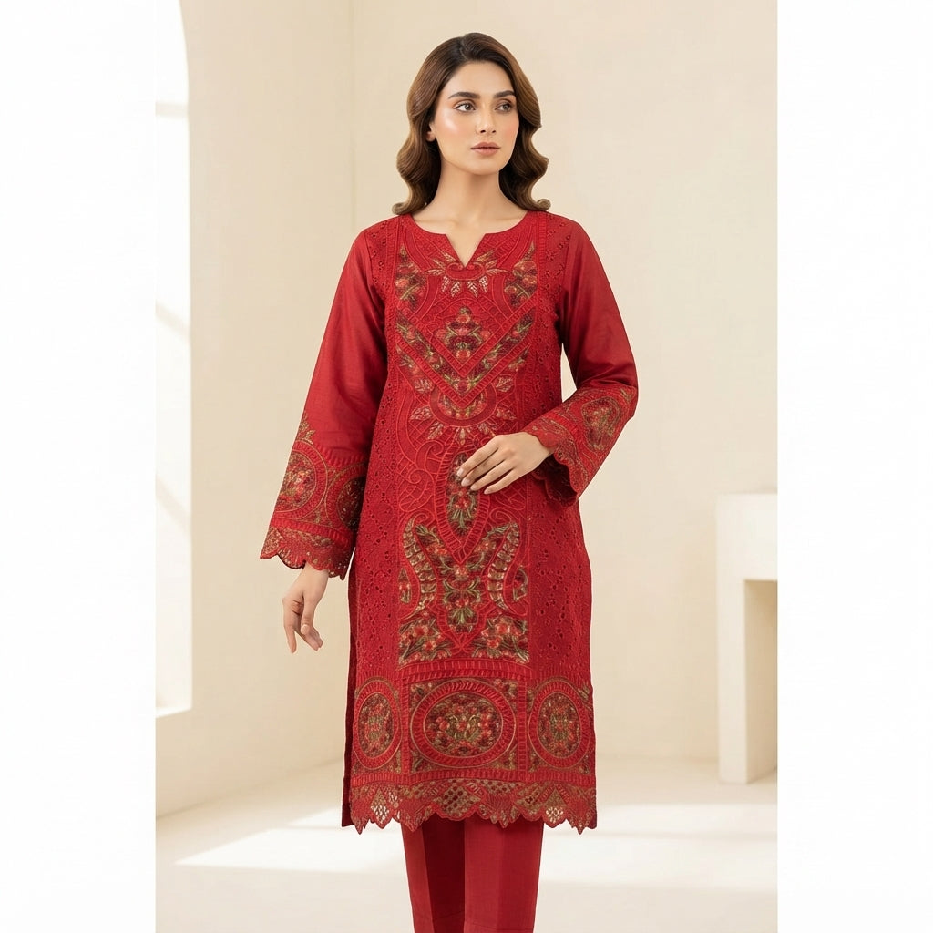 Elegant Red Embroidered 3-Piece Suit – Khadi Net | Wardrobe by Zaib