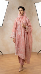 Elegant Dusty Pink Embroidered 3-Piece Suit with Printed Dupatta & Trouser