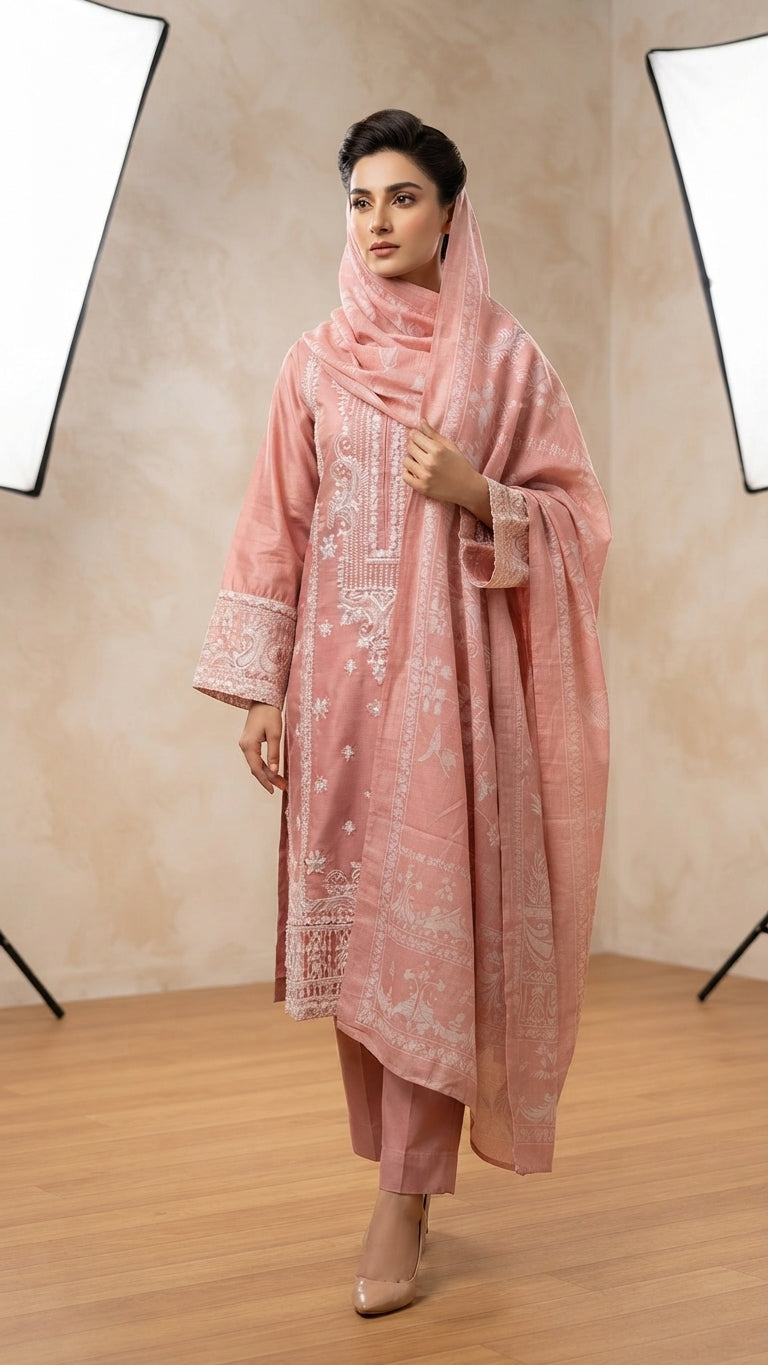 Elegant Dusty Pink Embroidered 3-Piece Suit with Printed Dupatta & Trouser