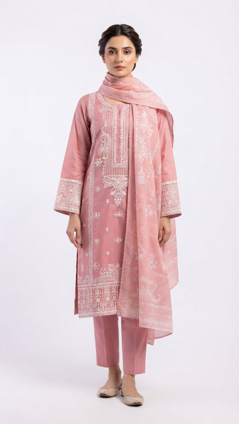 Elegant Dusty Pink Embroidered 3-Piece Suit with Printed Dupatta & Trouser