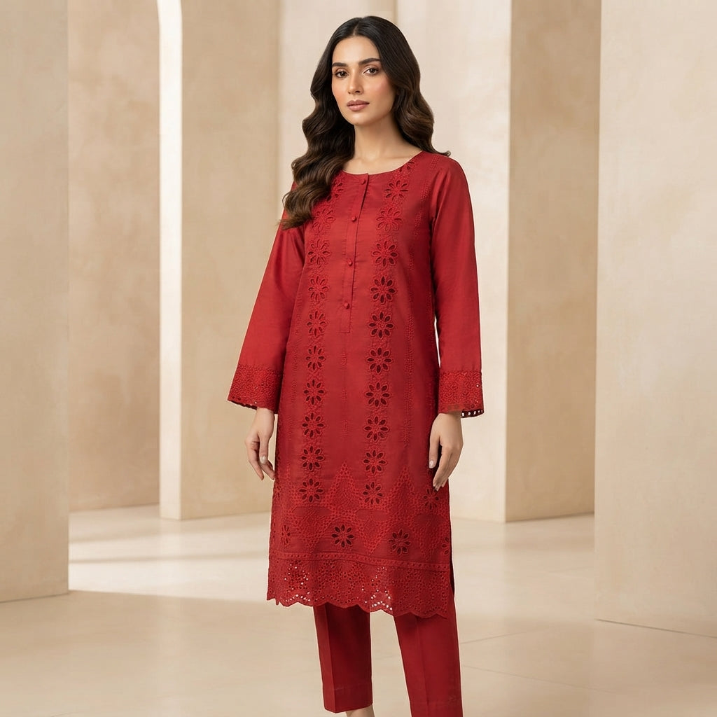Elegant Maroon Embroidered 3-Piece Suit – Khadi Net | Wardrobe by Zaib