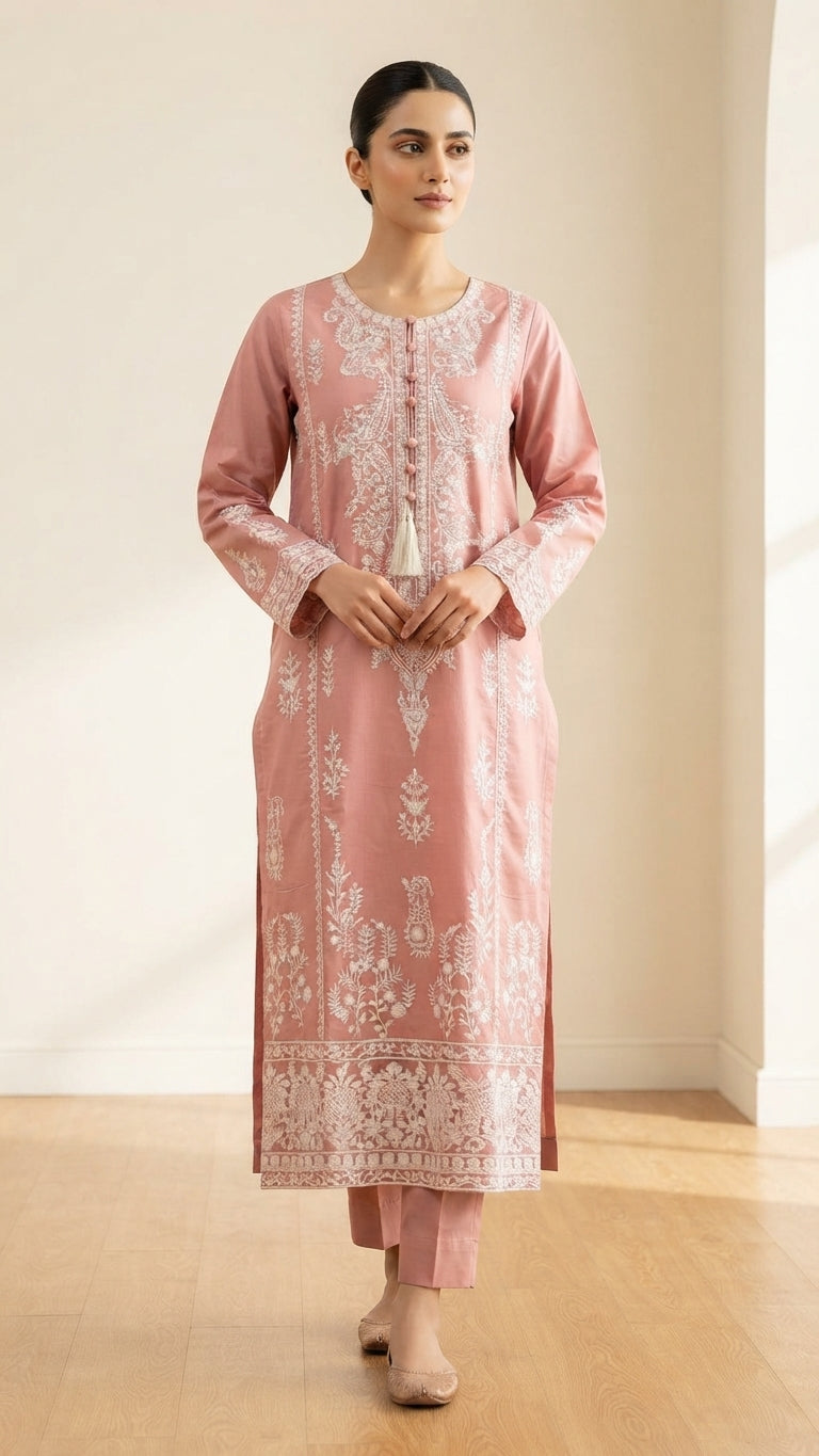Pink Embroidered Khadi Net 3-Piece Suit | Wardrobe by Zaib