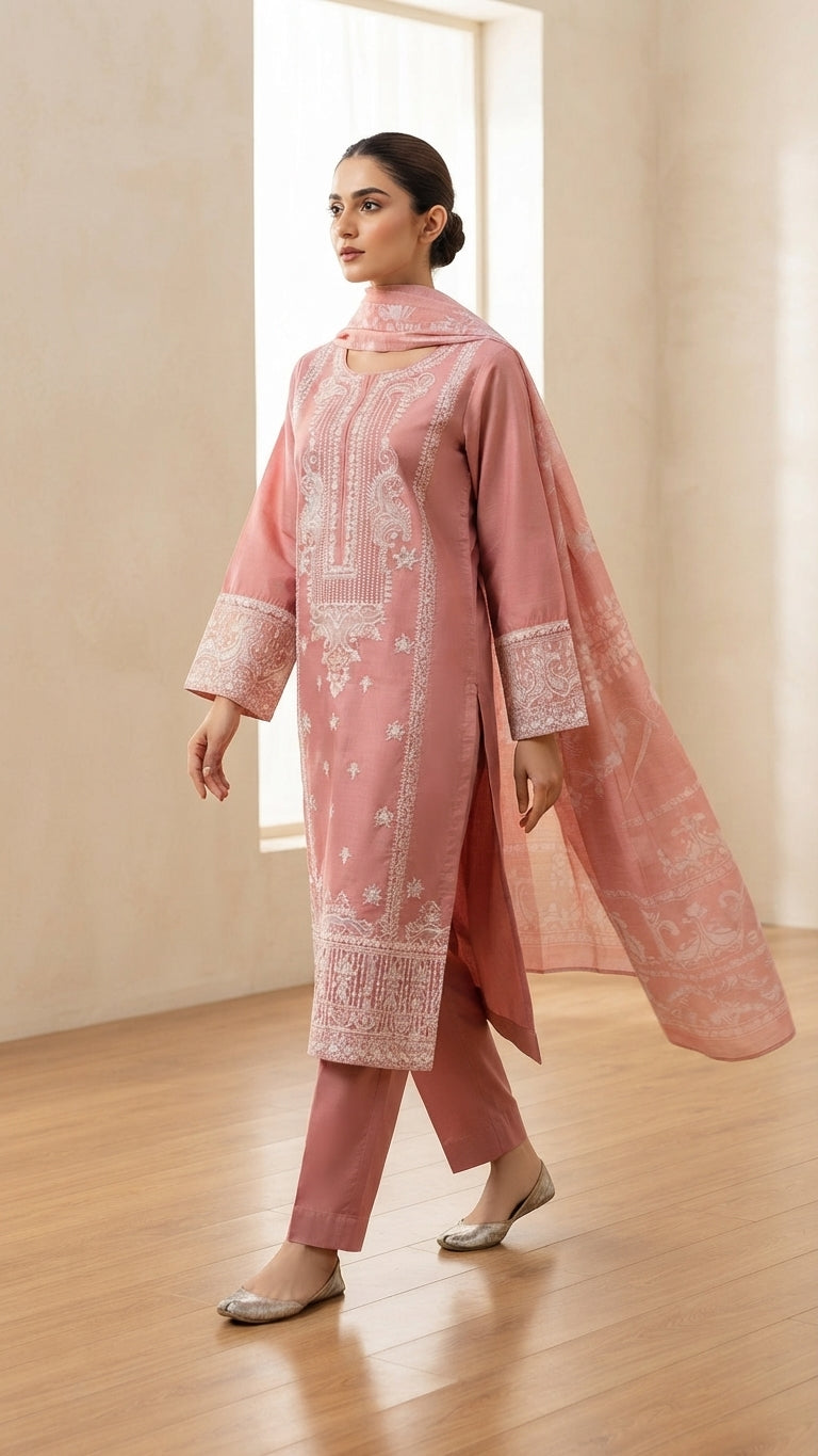 Elegant Dusty Pink Embroidered 3-Piece Suit with Printed Dupatta & Trouser