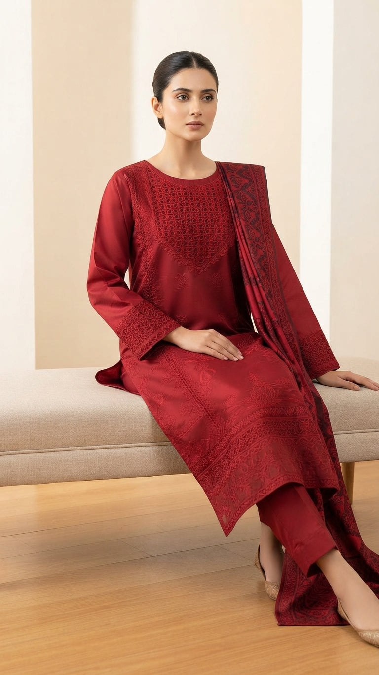 Elegant Maroon Embroidered 2-Piece Suit with Matching Trouser