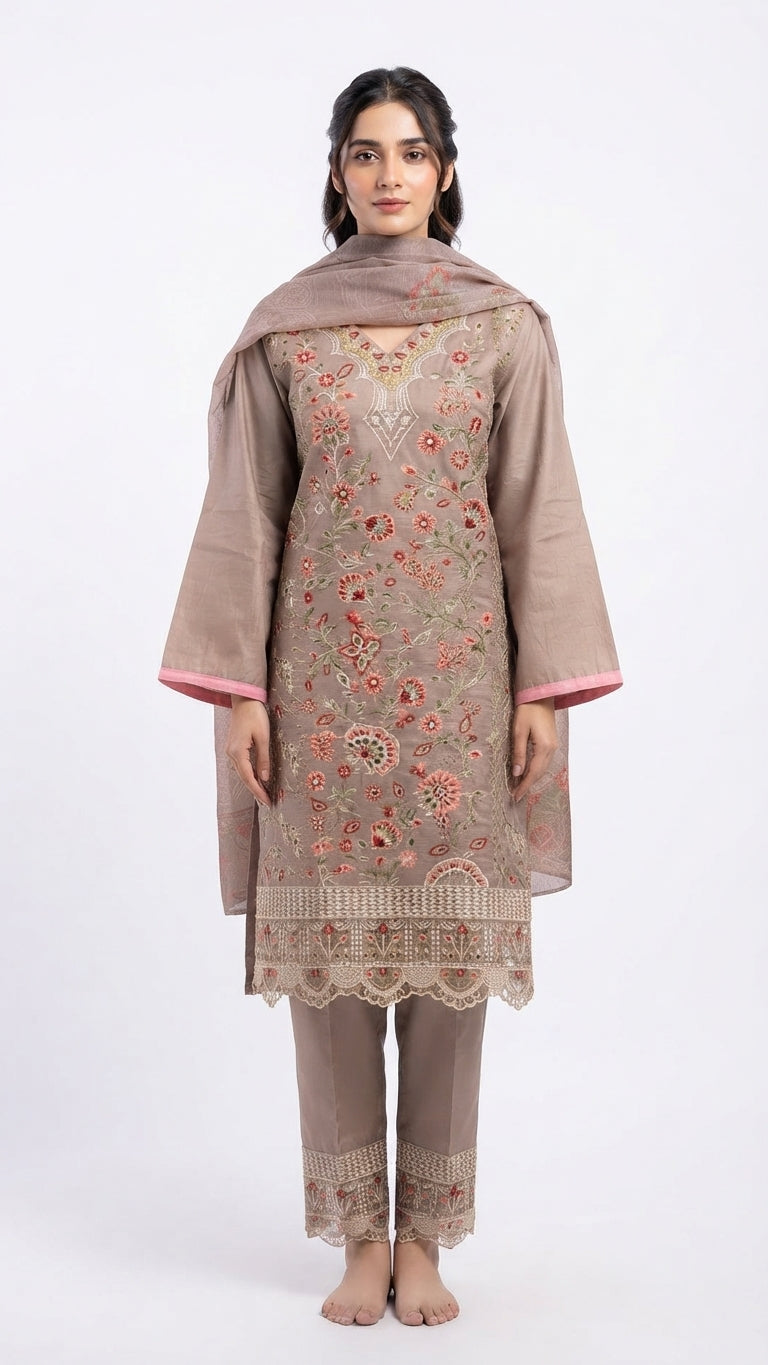 Elegant Taupe Embroidered 3-Piece Suit with Printed Dupatta &Trouser