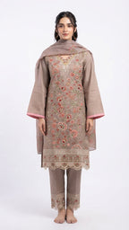 Elegant Taupe Embroidered 3-Piece Suit with Printed Dupatta &Trouser