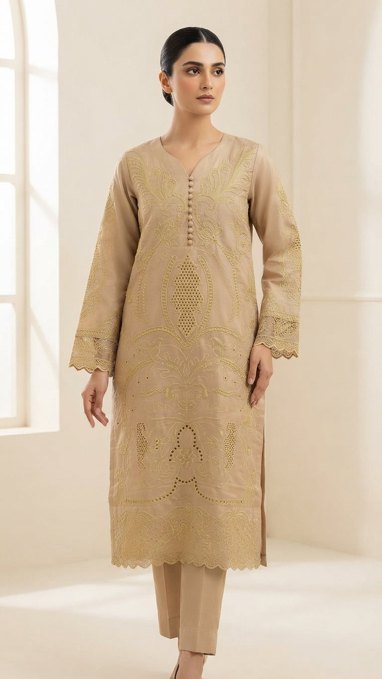 Elegant Beige Embroidered 3-Piece Suit with Printed Dupatta & Trouser