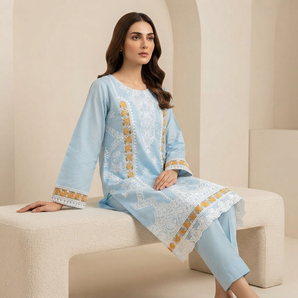 Sky Blue Embroidered Khadi Net 3-Piece Suit with Printed Dupatta | Wardrobe by Zaib