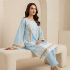 Sky Blue Embroidered Khadi Net 3-Piece Suit with Printed Dupatta | Wardrobe by Zaib