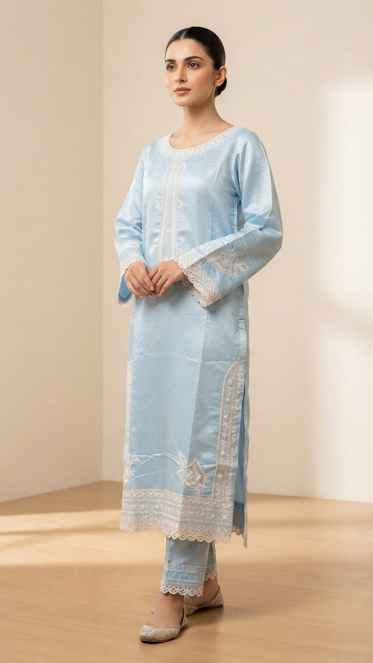Ice Blue Embroidered 3-Piece Suit with Printed Dupatta | Wardrobe by Zaib