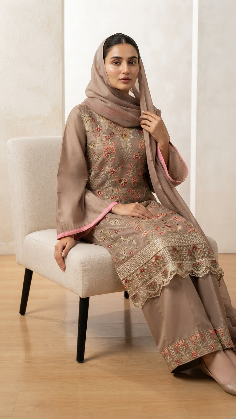 Elegant Taupe Embroidered 3-Piece Suit with Printed Dupatta &Trouser