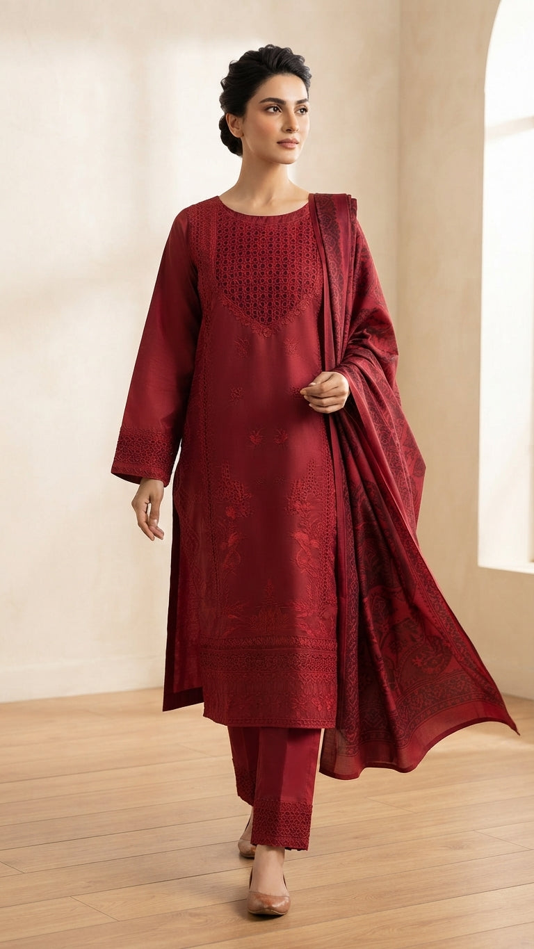 Elegant Maroon Embroidered 2-Piece Suit with Matching Trouser