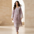 Elegant Mauve Embroidered 3-Piece Suit – Khadi Net | Wardrobe by Zaib
