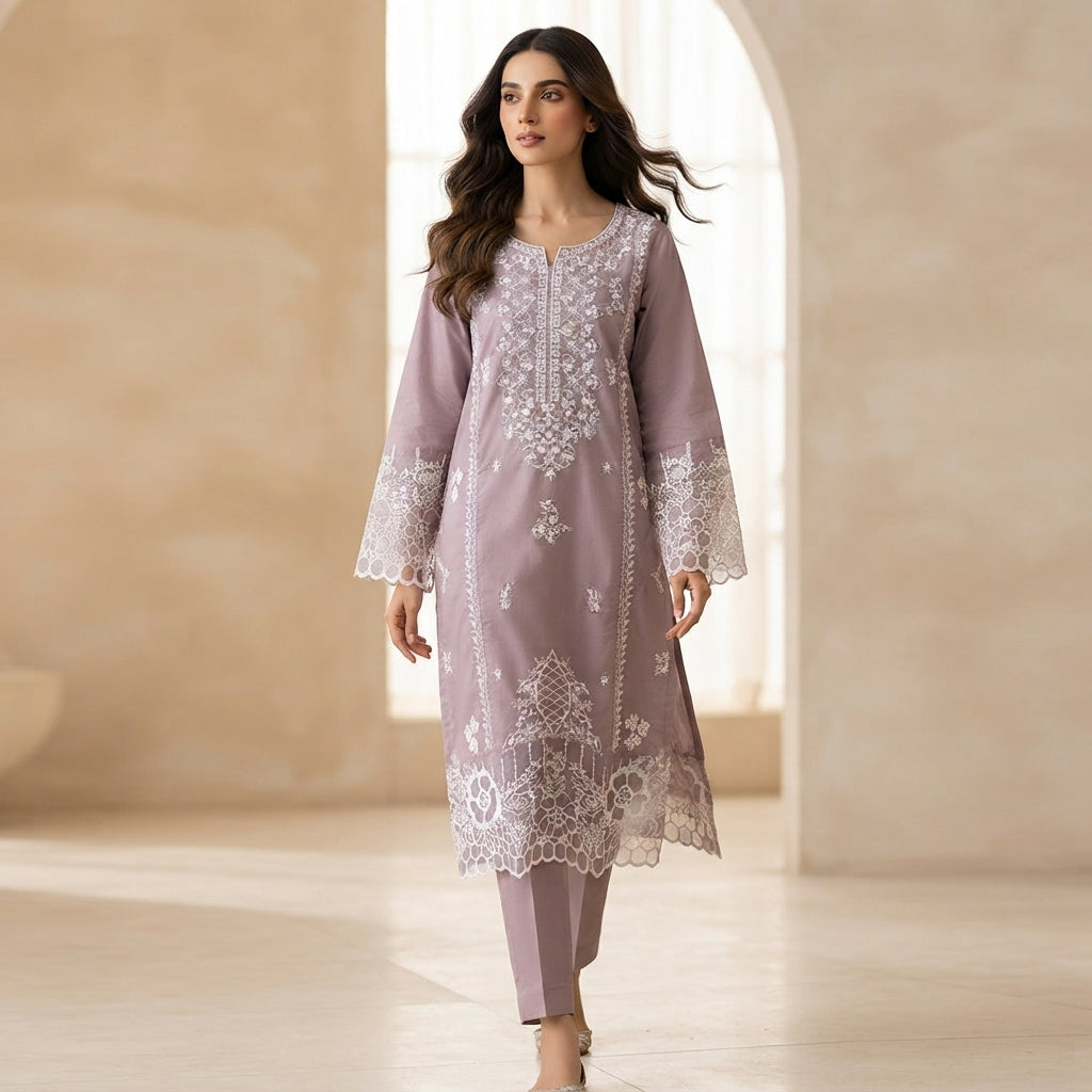 Elegant Mauve Embroidered 3-Piece Suit – Khadi Net | Wardrobe by Zaib