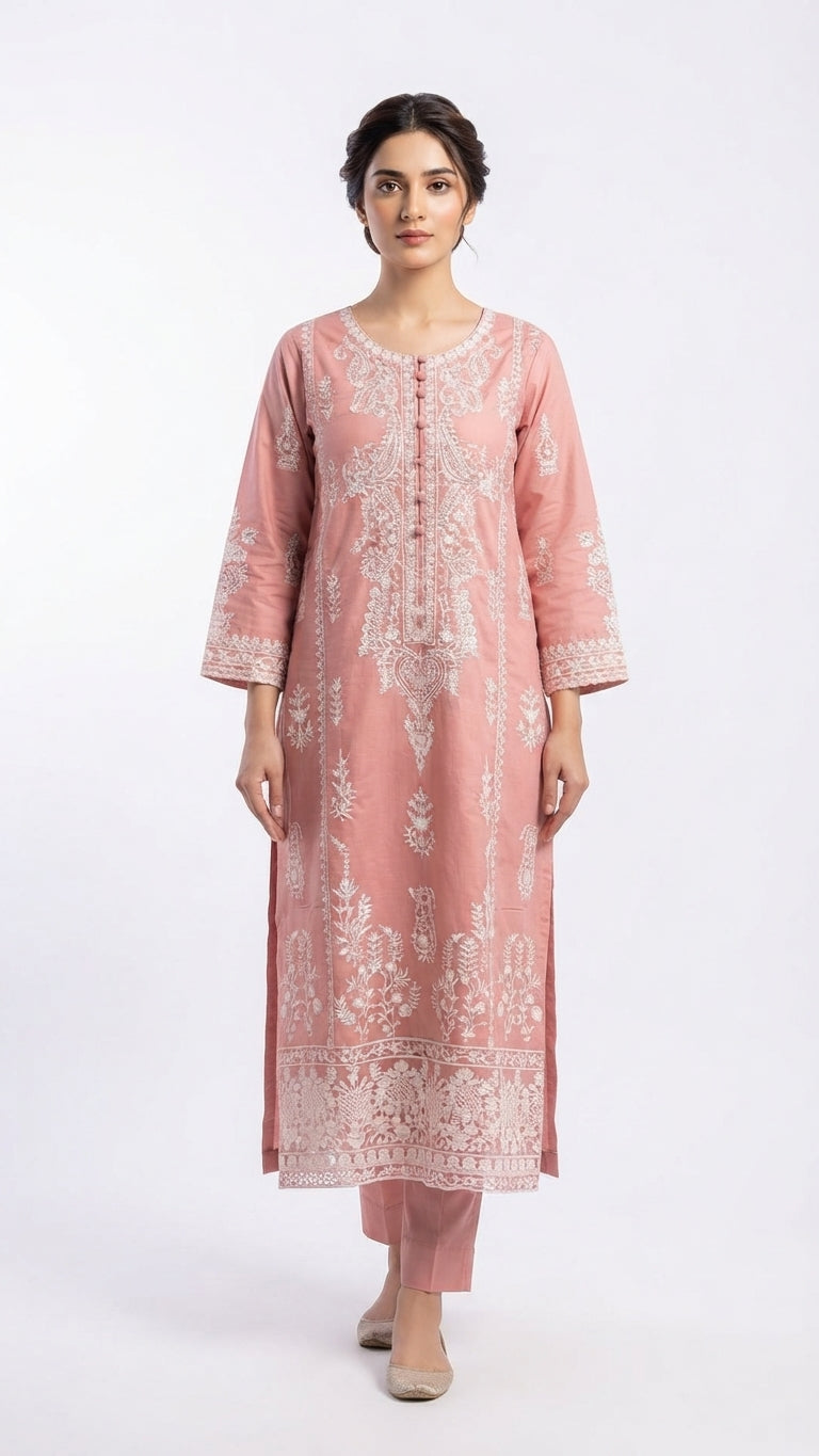 Pink Embroidered Khadi Net 3-Piece Suit | Wardrobe by Zaib