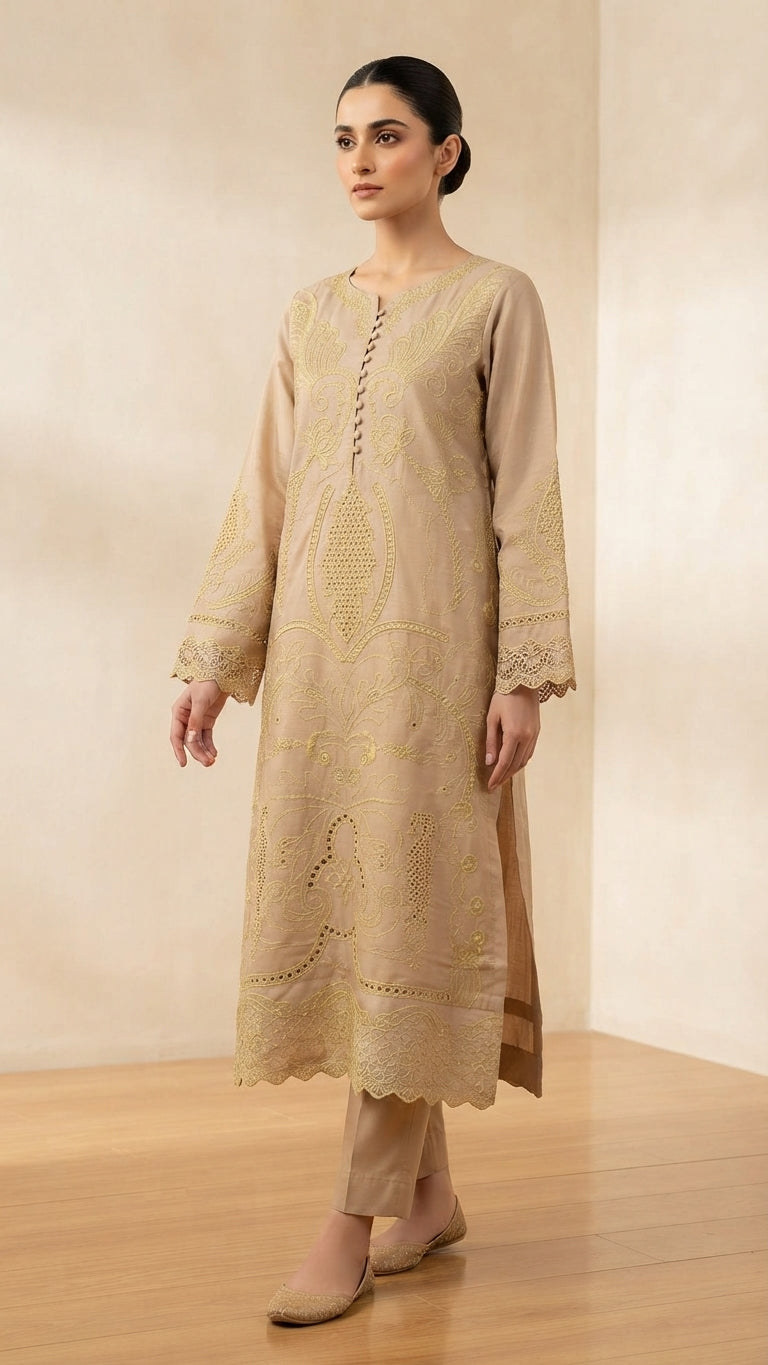 Elegant Beige Embroidered 3-Piece Suit with Printed Dupatta & Trouser
