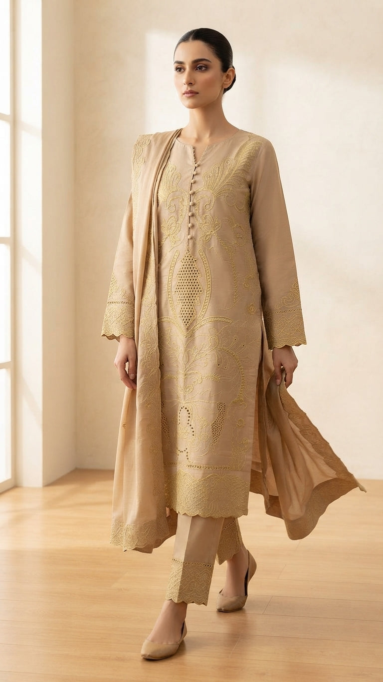 Elegant Beige Embroidered 3-Piece Suit with Printed Dupatta & Trouser