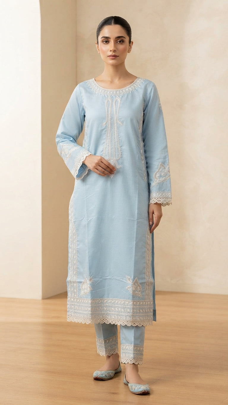 Ice Blue Embroidered 3-Piece Suit with Printed Dupatta | Wardrobe by Zaib