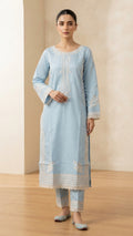 Ice Blue Embroidered 3-Piece Suit with Printed Dupatta | Wardrobe by Zaib